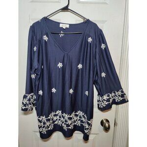 Anneliese Navy Blue White Floral Embroidered Ruffle Sleeve V-Neck Top 1X